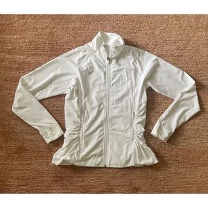 Lija White Zip-Up Athletic Jacket Women’s S Ruffle Hem Stretchy Made in Canada